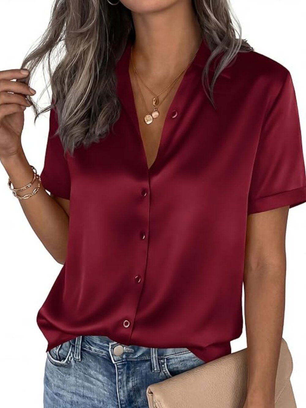 Button Down Shirt Short Sleeve Dressy Satin Blouses